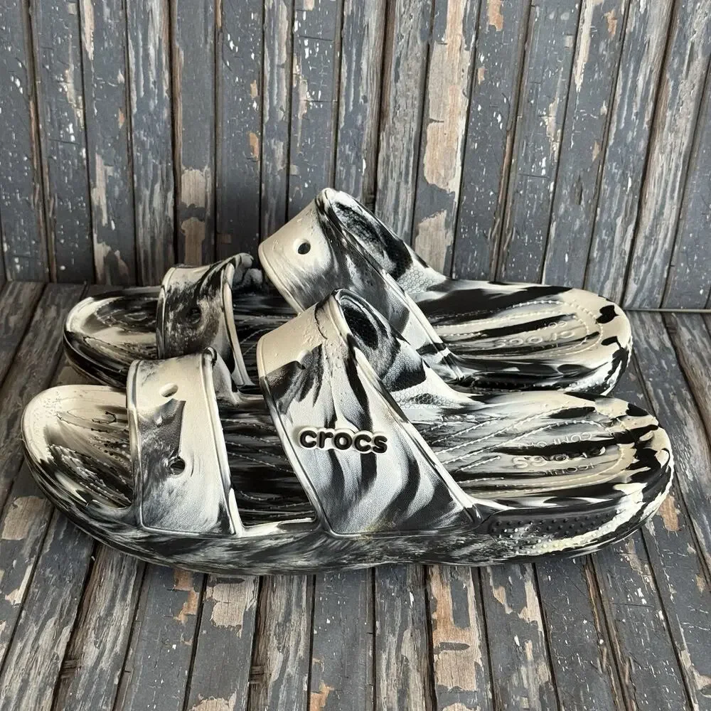 Crocs Classic 2 Strap Men's Marble Comfort Sandals Black White Sz 14
